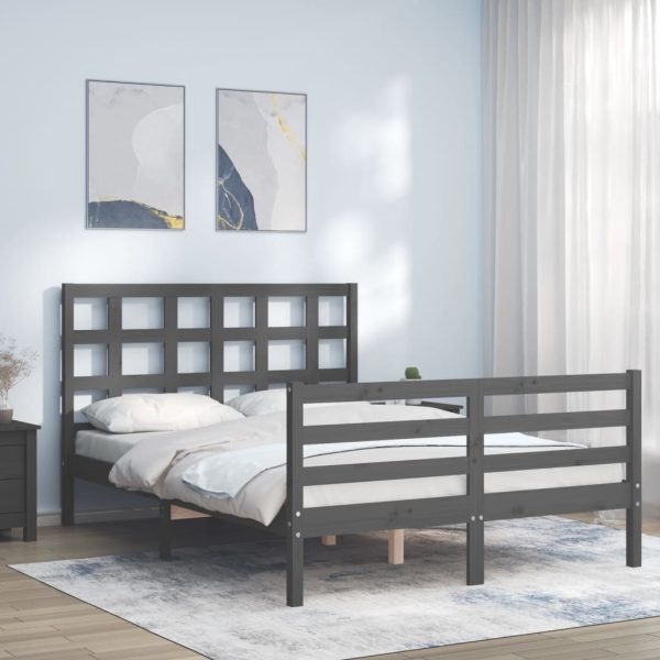 Bedframe met hoofdbord massief hout grijs 140x190 cm