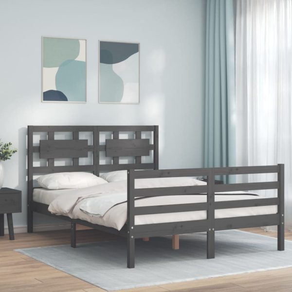 Bedframe met hoofdbord massief hout grijs 140x190 cm