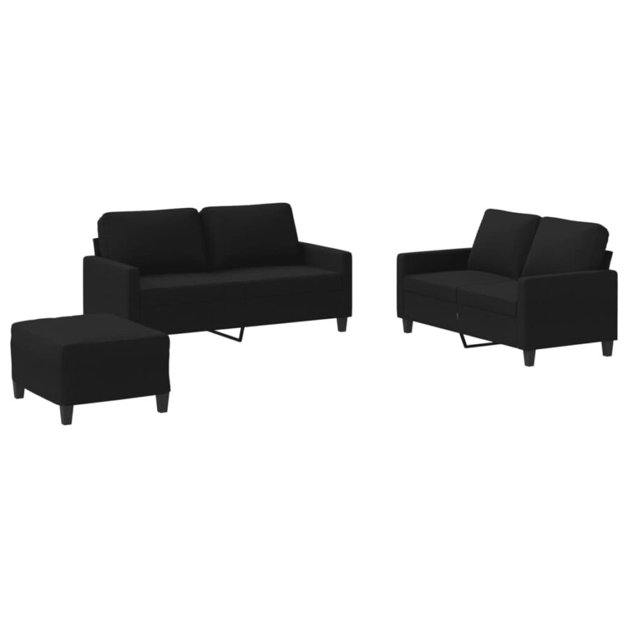 3-delige loungeset met kussens stof zwart - Afbeelding 2