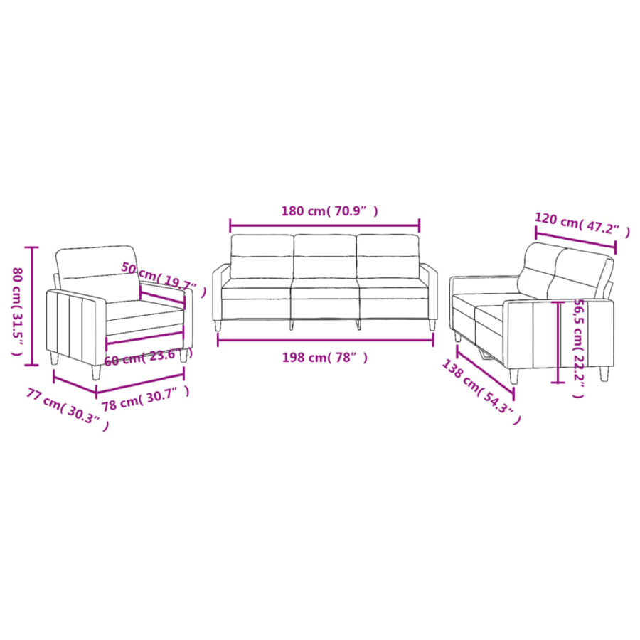 3-delige loungeset met kussens stof zwart - Afbeelding 8