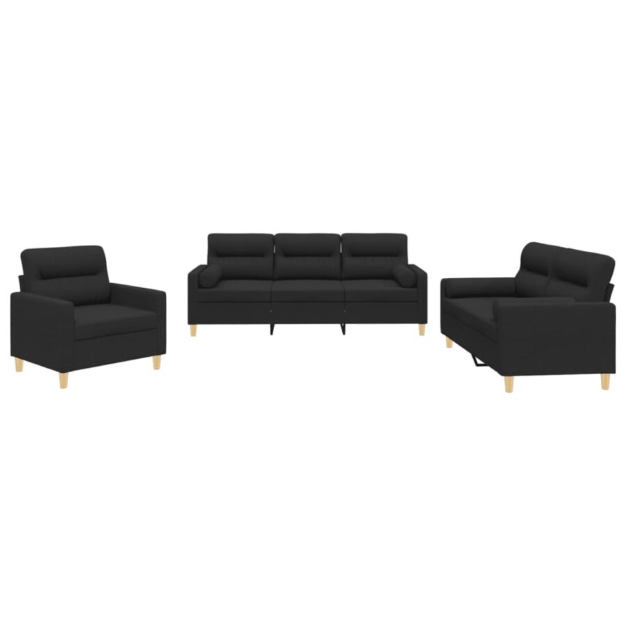 3-delige Loungeset met kussens stof zwart - Afbeelding 2