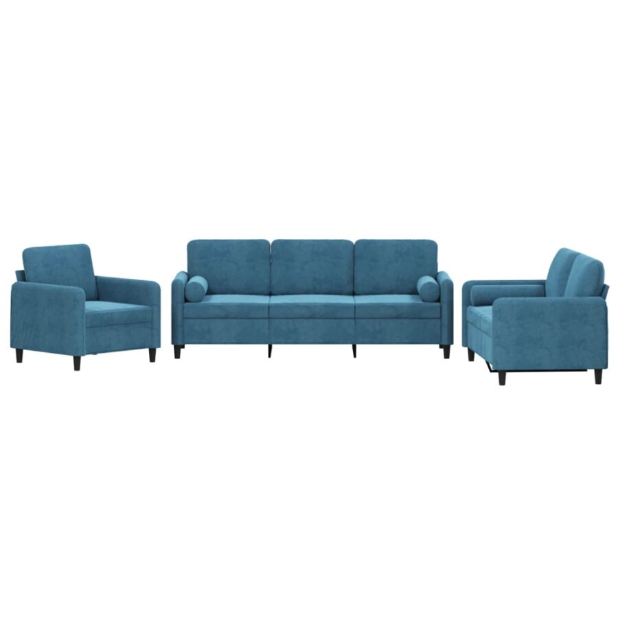 3-delige Loungeset met kussens fluweel blauw - Afbeelding 2