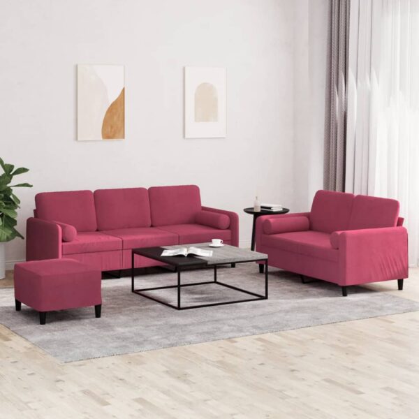 3-delige Loungeset met kussens fluweel wijnrood