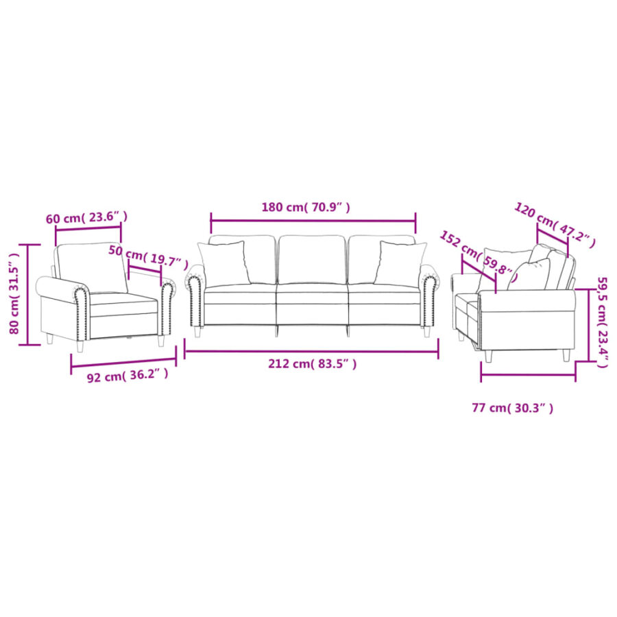 3-delige Loungeset met kussens fluweel zwart - Afbeelding 9