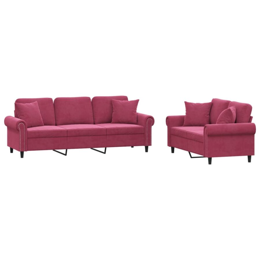 2-delige Loungeset met kussens fluweel wijnrood - Afbeelding 2