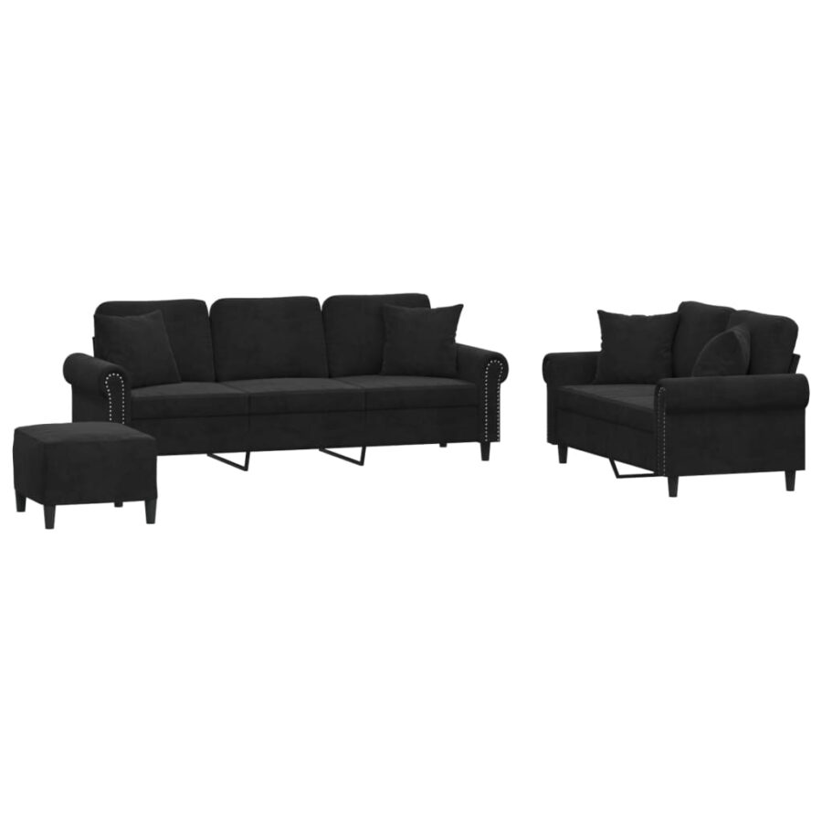 3-delige Loungeset met kussens fluweel zwart - Afbeelding 2