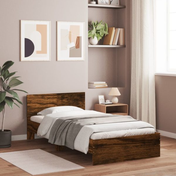 Bedframe met hoofdeinde bewerkt hout gerookt eiken 100x200 cm