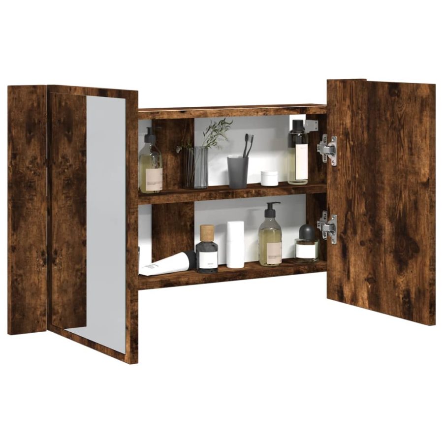 Badkamerkast met spiegel LED 80x12x45 acryl gerookt eikenkleur