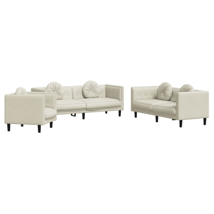 3-delige Loungeset met kussens fluweel crèmekleurig - Afbeelding 2
