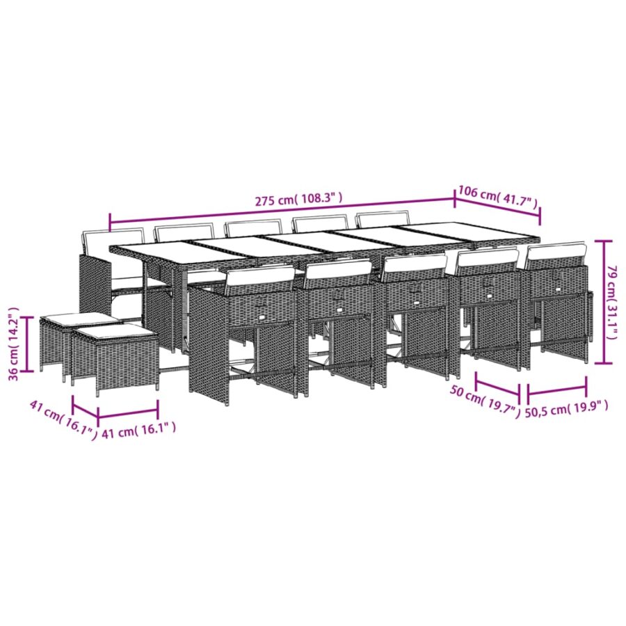 15-delige Tuinset met kussens poly rattan zwart - Afbeelding 11