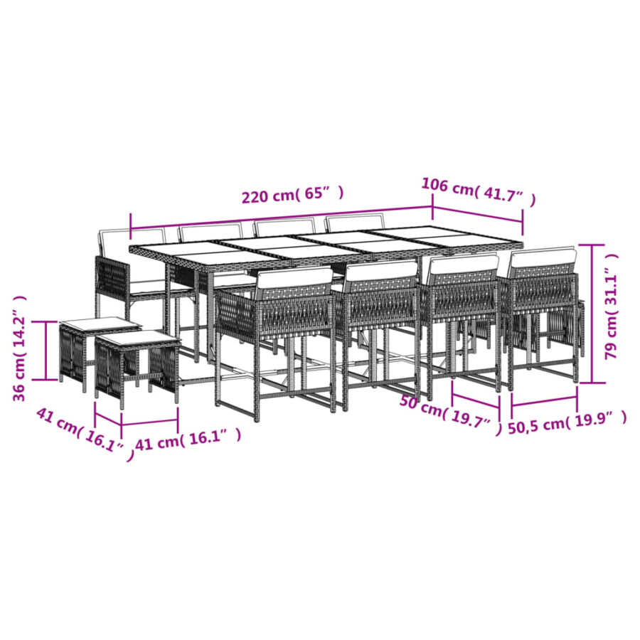 13-delige Tuinset met kussens poly rattan grijs - Afbeelding 6