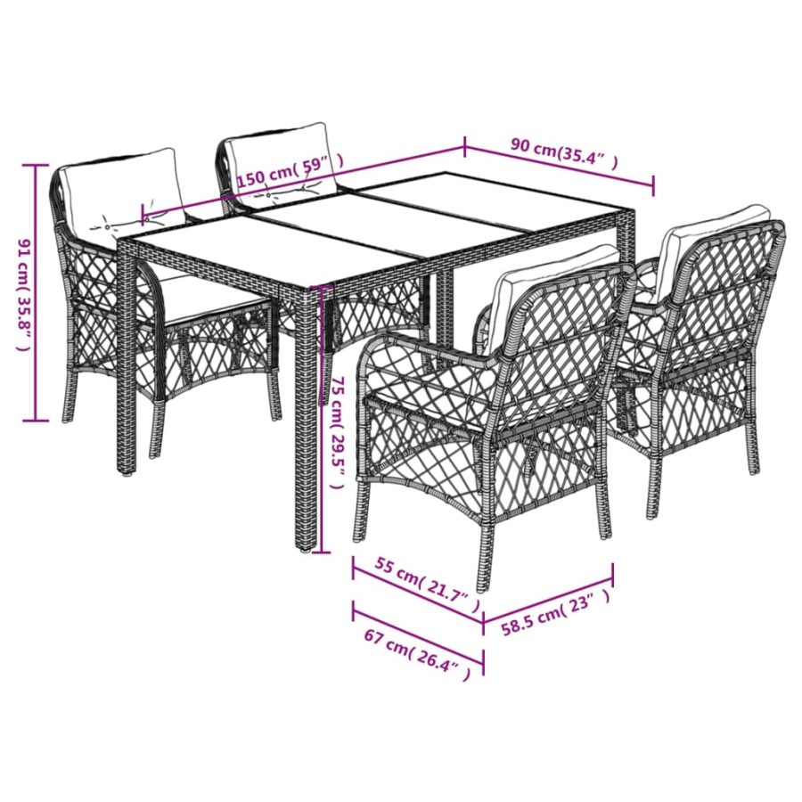 5-delige Tuinset met kussens poly rattan zwart - Afbeelding 7