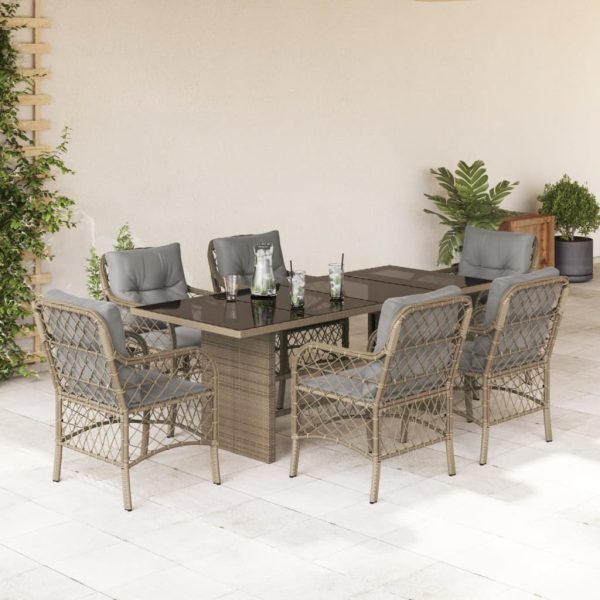 7-delige Tuinset met kussens poly rattan gemengd beige