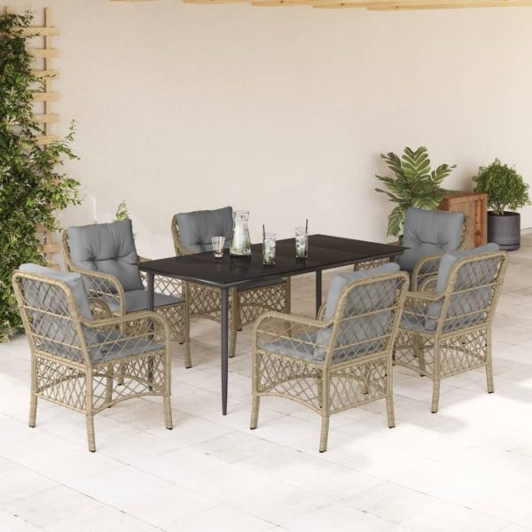 7-delige Tuinset met kussens poly rattan gemengd beige
