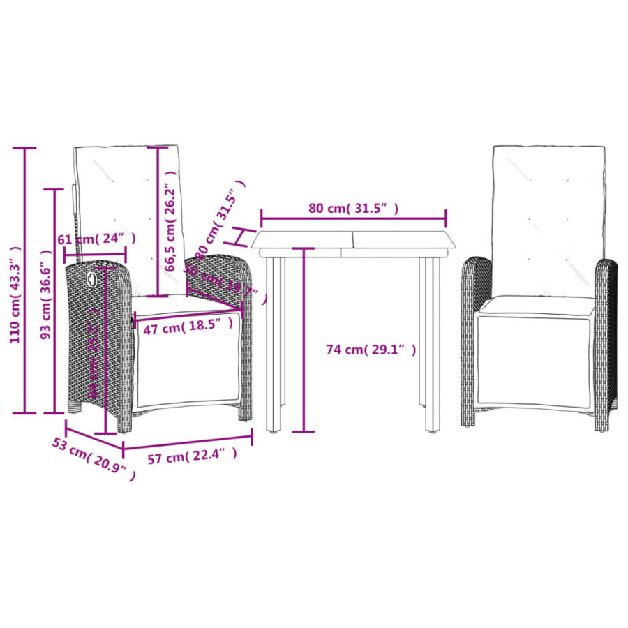 3-delige Bistroset met kussens poly rattan beige - Afbeelding 9