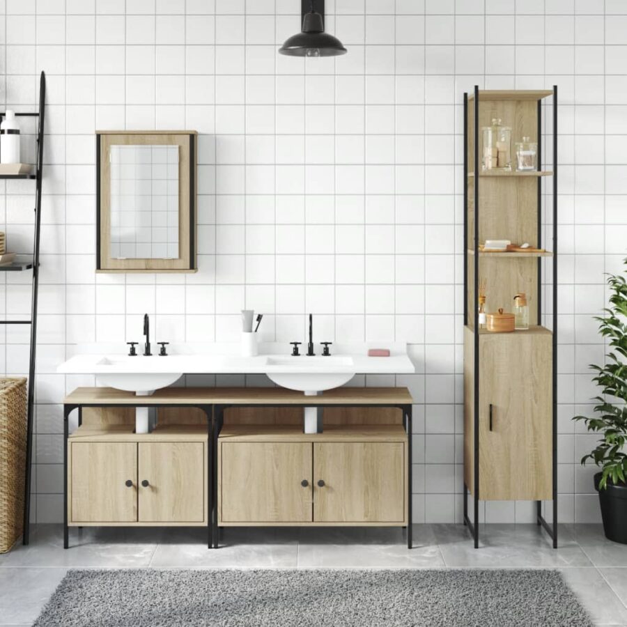 4-delige Badkamermeubelset bewerkt hout sonoma eikenkleurig - Afbeelding 3