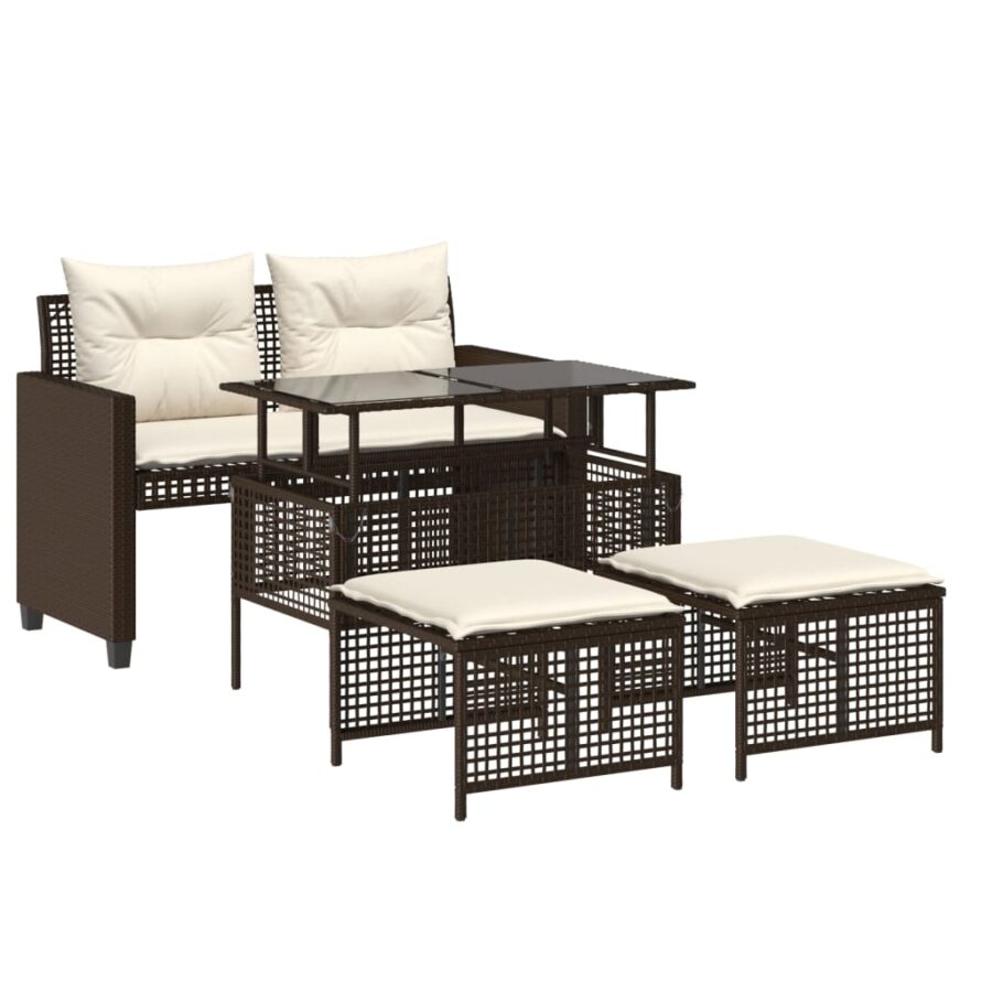 4-delige Loungeset met kussens poly rattan bruin - Afbeelding 2