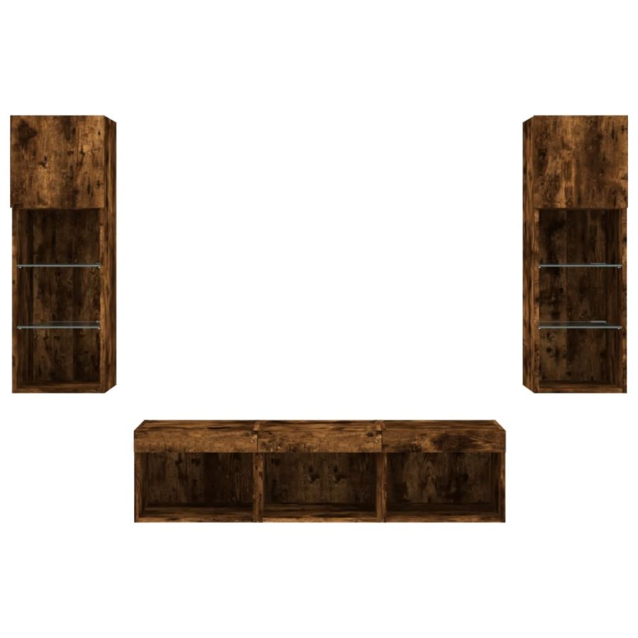 5-delige tv-wandmeubelset met LED bewerkt hout gerookt eiken - Afbeelding 7