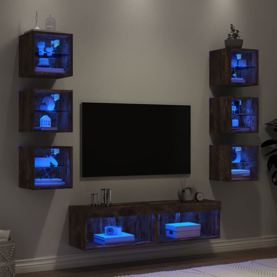 8-delige tv-wandmeubelset met LED bewerkt hout gerookt eiken