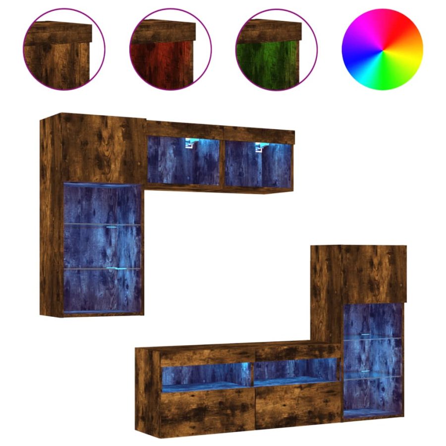 5-delige tv-wandmeubelset met LED bewerkt hout gerookt eiken - Afbeelding 2