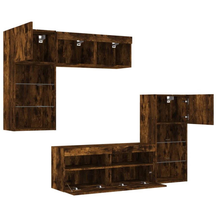 5-delige tv-wandmeubelset met LED bewerkt hout gerookt eiken - Afbeelding 6
