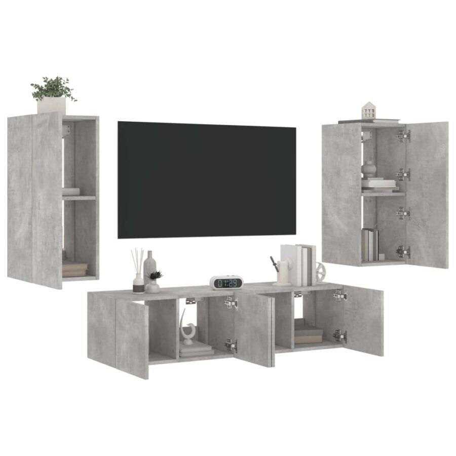 4-delige Tv-wandmeubelset met LED bewerkt hout betongrijs - Afbeelding 5