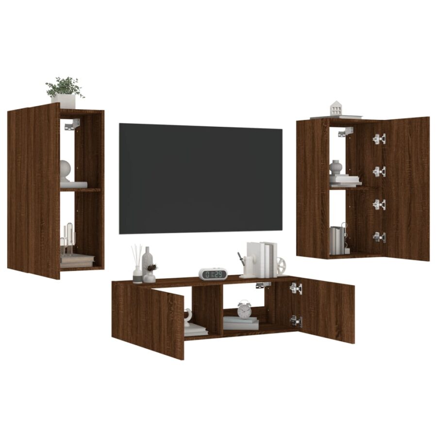 3-delige tv-wandmeubelset met LED-verlichting bruin eikenkleur - Afbeelding 4