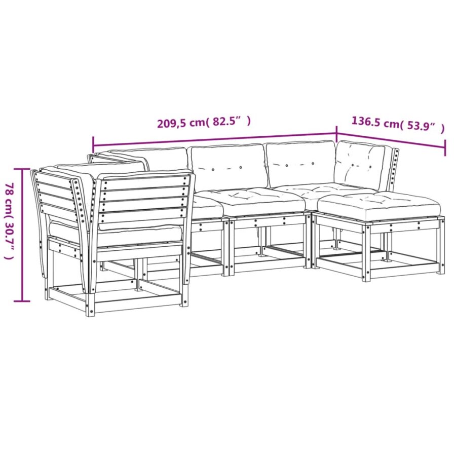 5-delige Loungeset met kussens massief grenenhout wit - Afbeelding 10