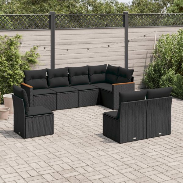 8-delige Loungeset met kussens poly rattan zwart