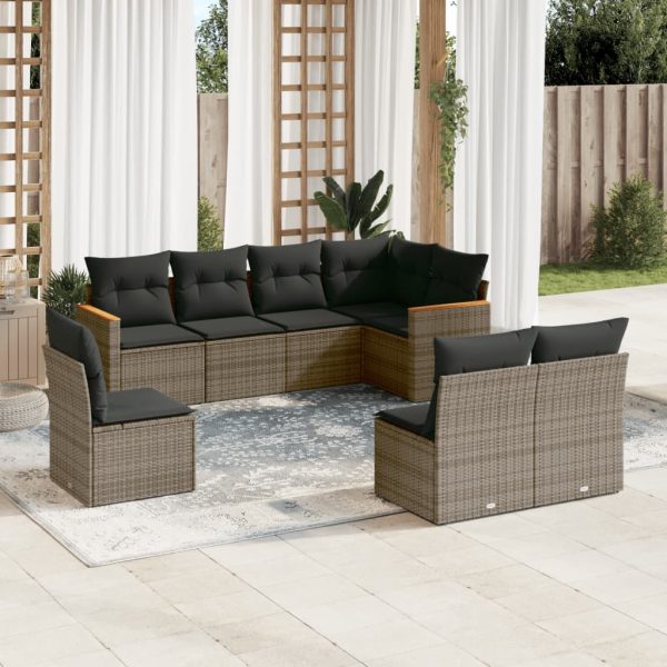8-delige Loungeset met kussens poly rattan grijs