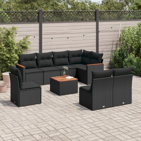 9-delige Loungeset met kussens poly rattan zwart
