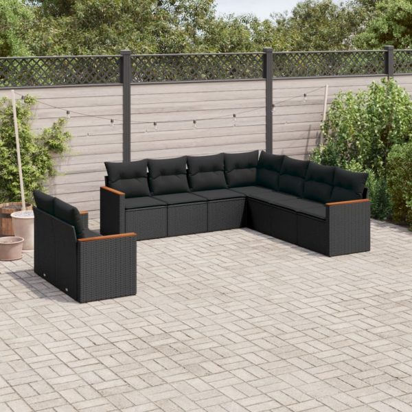 9-delige Loungeset met kussens poly rattan zwart