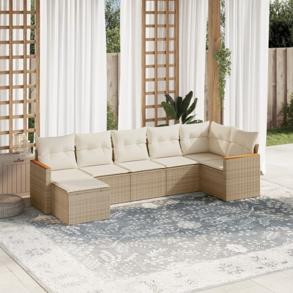 7-delige Loungeset met kussens poly rattan beige