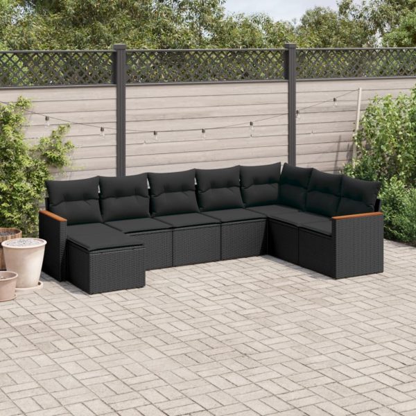 8-delige Loungeset met kussens poly rattan zwart