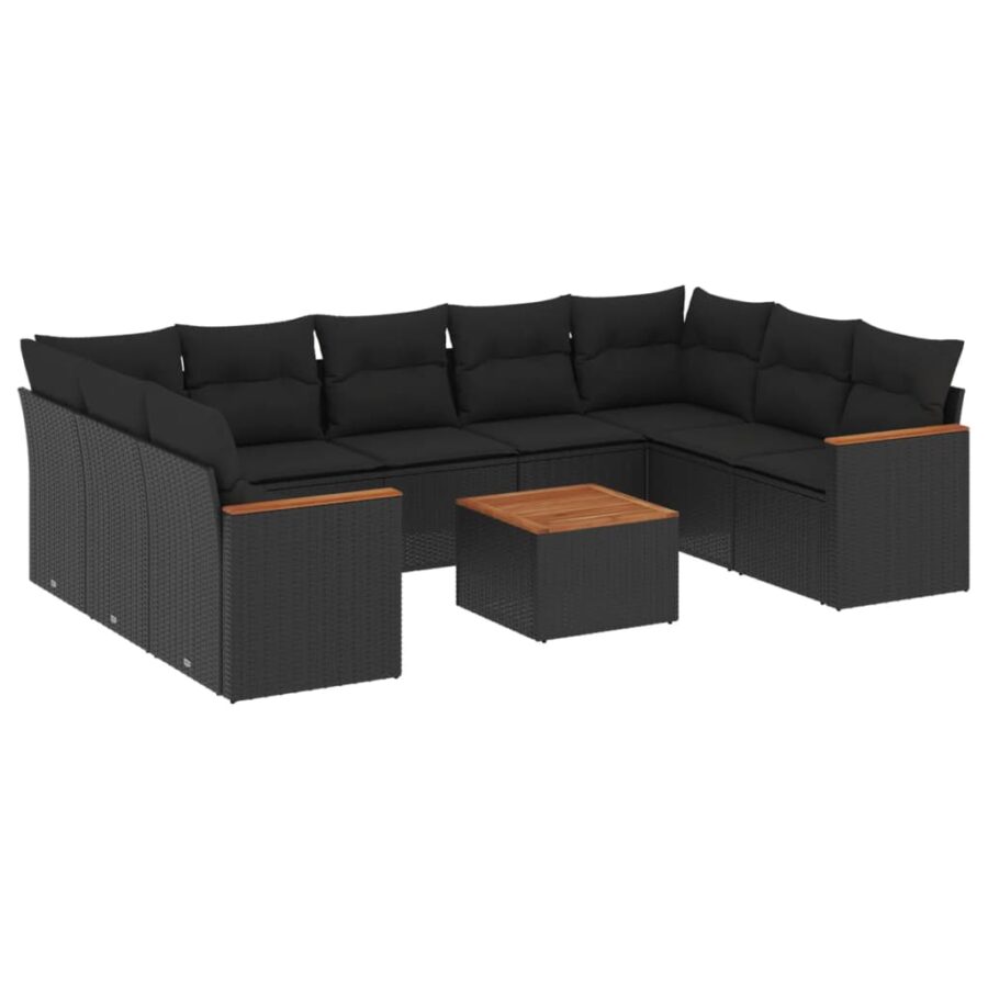 10-delige Loungeset met kussens poly rattan zwart - Afbeelding 2