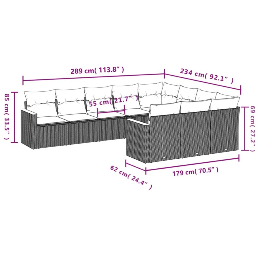 10-delige Loungeset met kussens poly rattan gemengd beige - Afbeelding 7