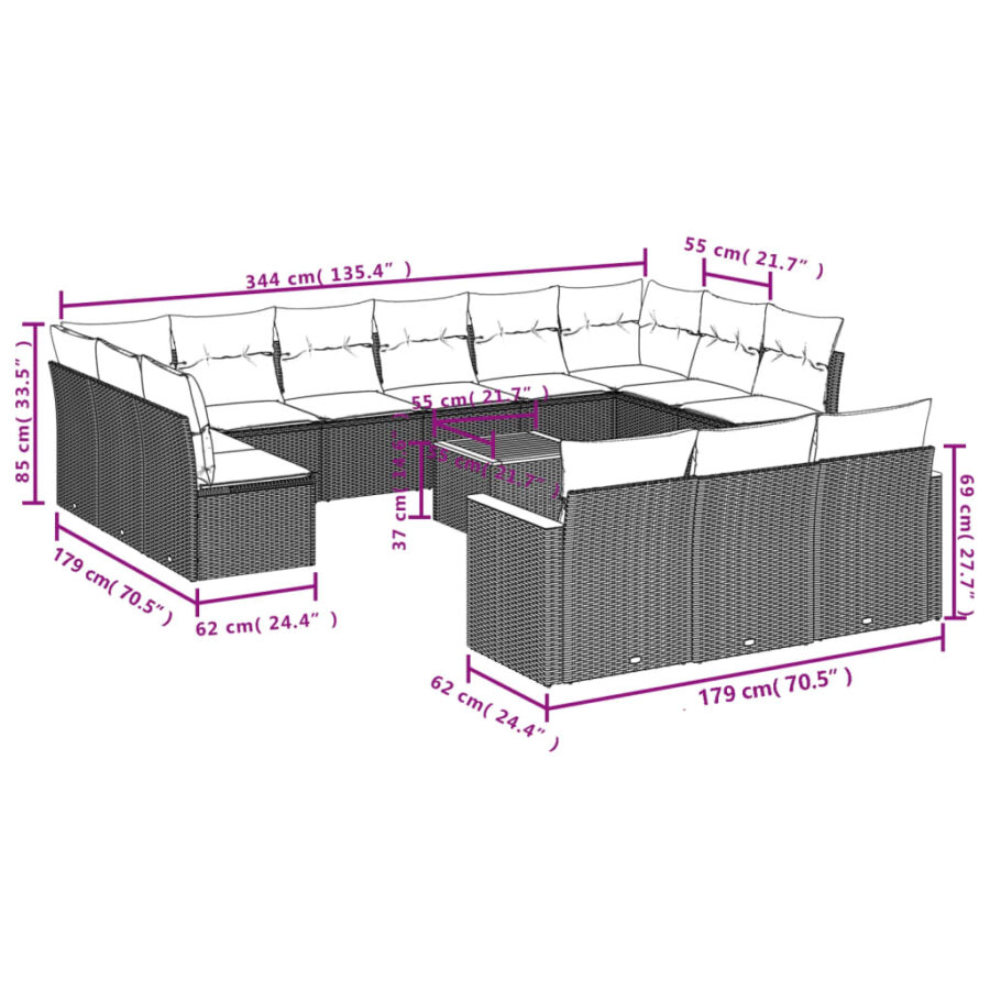 14-delige Loungeset met kussens poly rattan zwart - Afbeelding 8