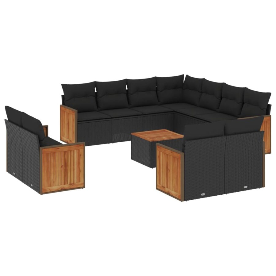 12-delige Loungeset met kussens poly rattan zwart - Afbeelding 2