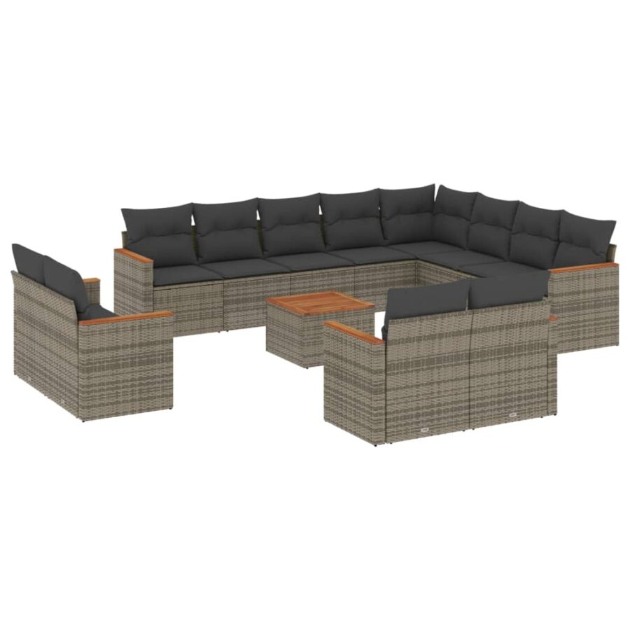 13-delige Loungeset met kussens poly rattan grijs - Afbeelding 2