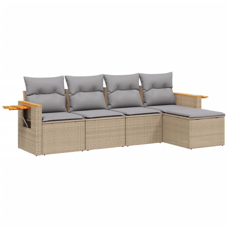 5-delige Loungeset met kussens poly rattan beige - Afbeelding 2