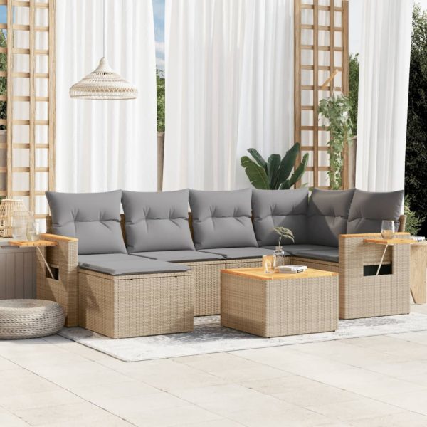 7-delige Loungeset met kussens poly rattan beige