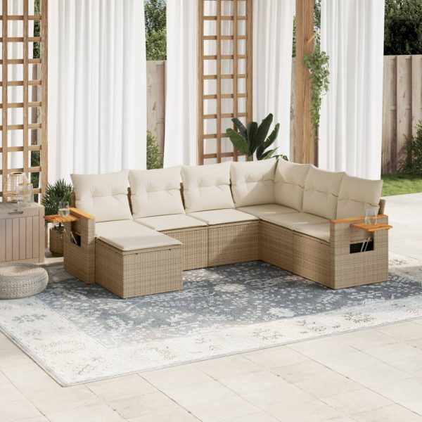 7-delige Loungeset met kussens poly rattan beige