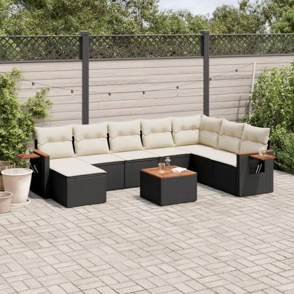 9-delige Loungeset met kussens poly rattan zwart