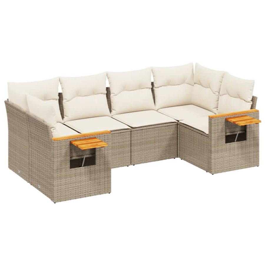 6-delige Loungeset met kussens poly rattan beige - Afbeelding 2