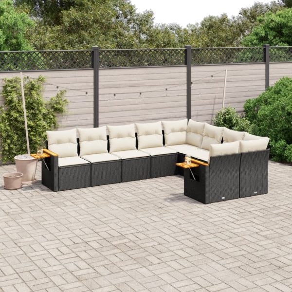 9-delige Loungeset met kussens poly rattan zwart