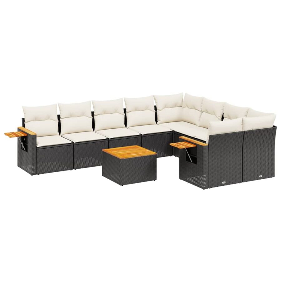 10-delige Loungeset met kussens poly rattan zwart - Afbeelding 2