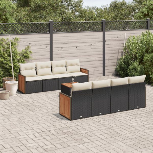 9-delige Loungeset met kussens poly rattan zwart