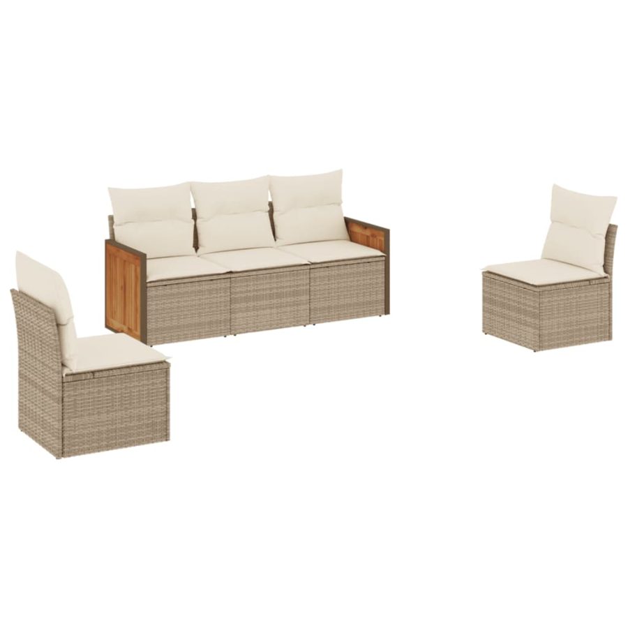 5-delige Loungeset met kussens poly rattan beige - Afbeelding 2