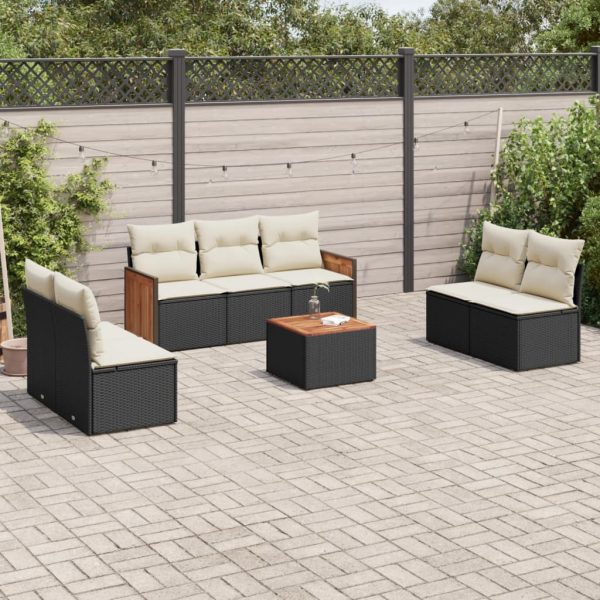 8-delige Loungeset met kussens poly rattan zwart
