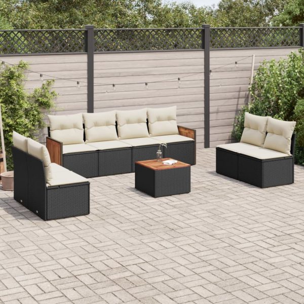 9-delige Loungeset met kussens poly rattan zwart